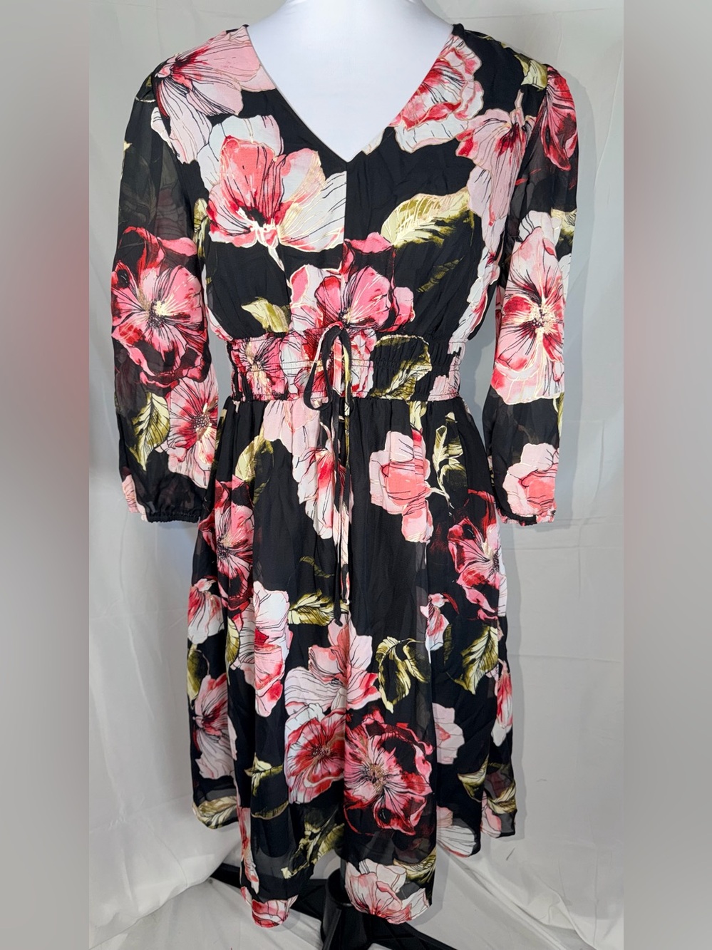 Chenault Floral V-Neck Elastic Waist Dress in Black and Pink
